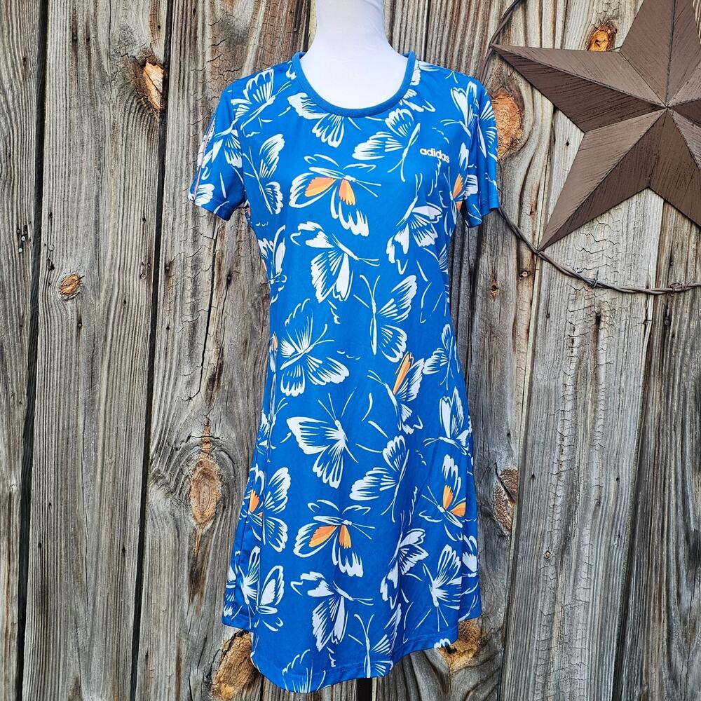Butterfly Print Mini Dress Adidas Farm Rio Size M Athleisure Track Stripes Blue